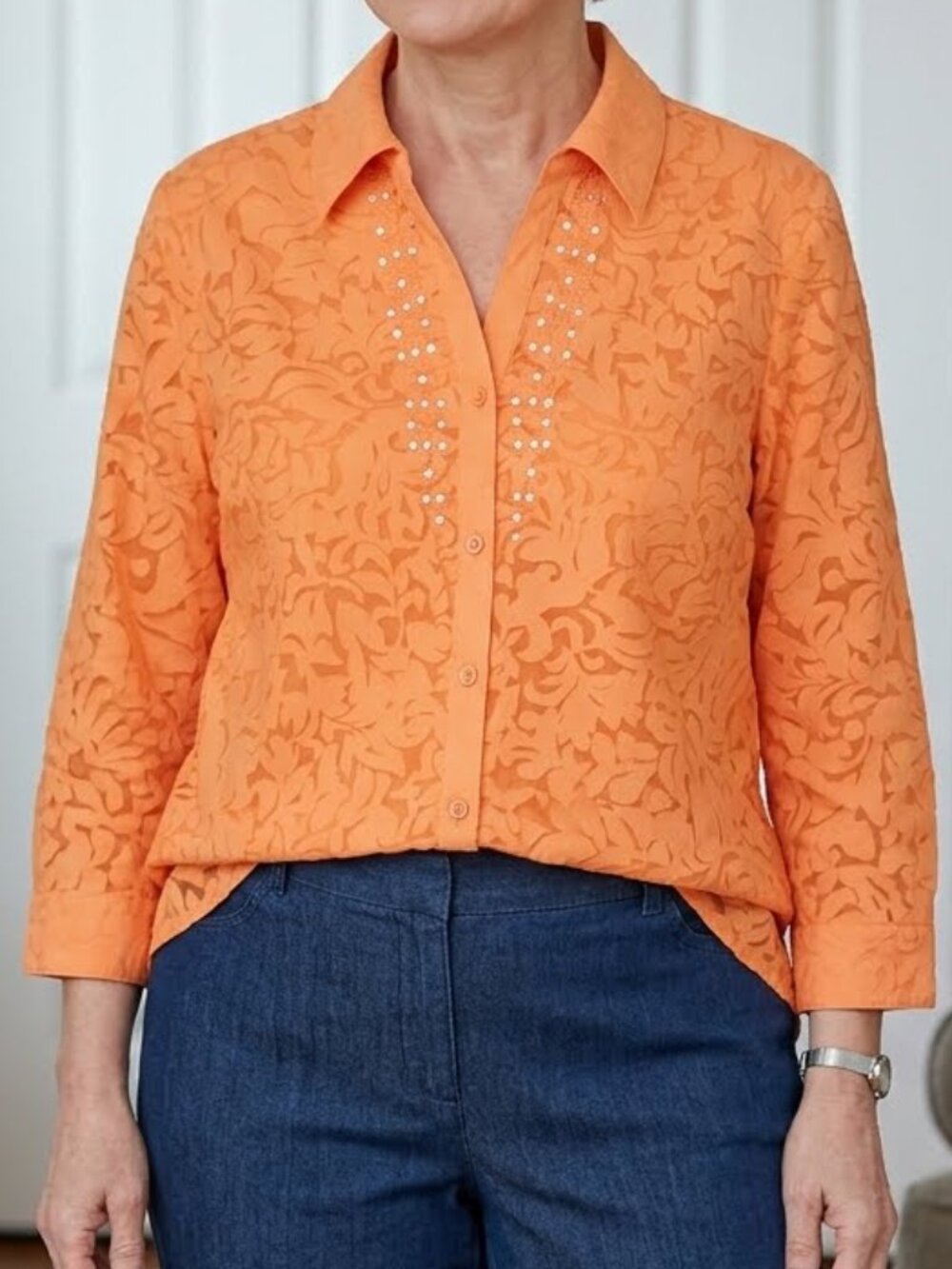 City Blues by Koret Women's Orange Floral Sequin Button Down Shirt Size L